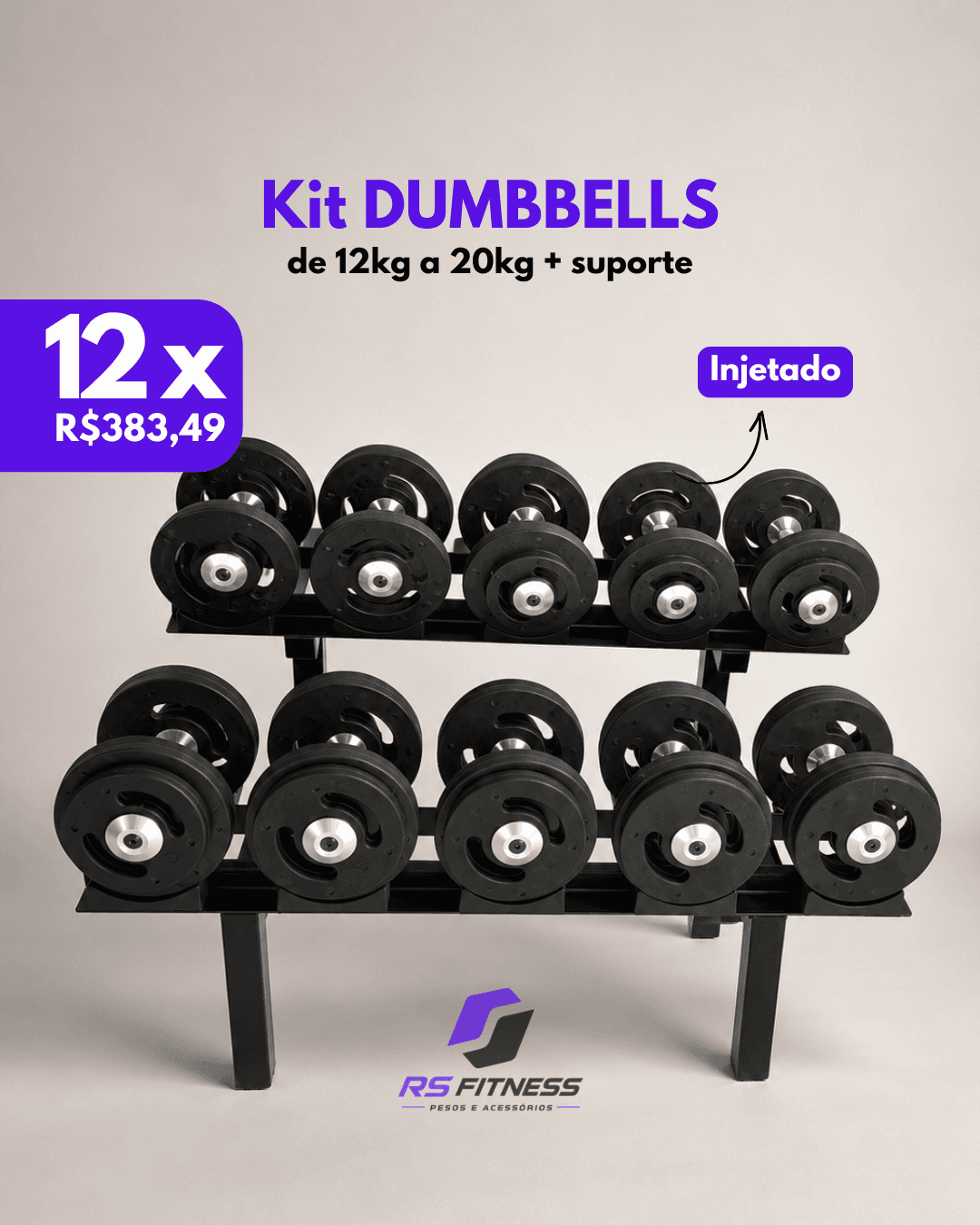 Kit de dumbbells de 12kg a 20kg com suporte — RS Fitness