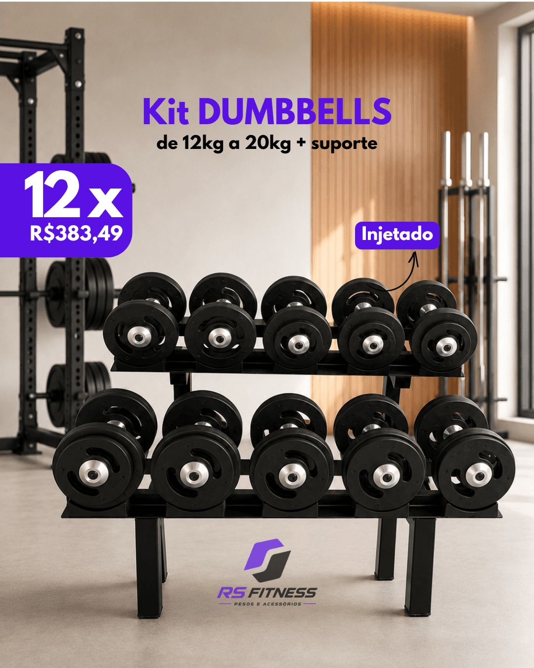 Kit de dumbbells de 12kg a 20kg com suporte em ambiente de academia — RS Fitness